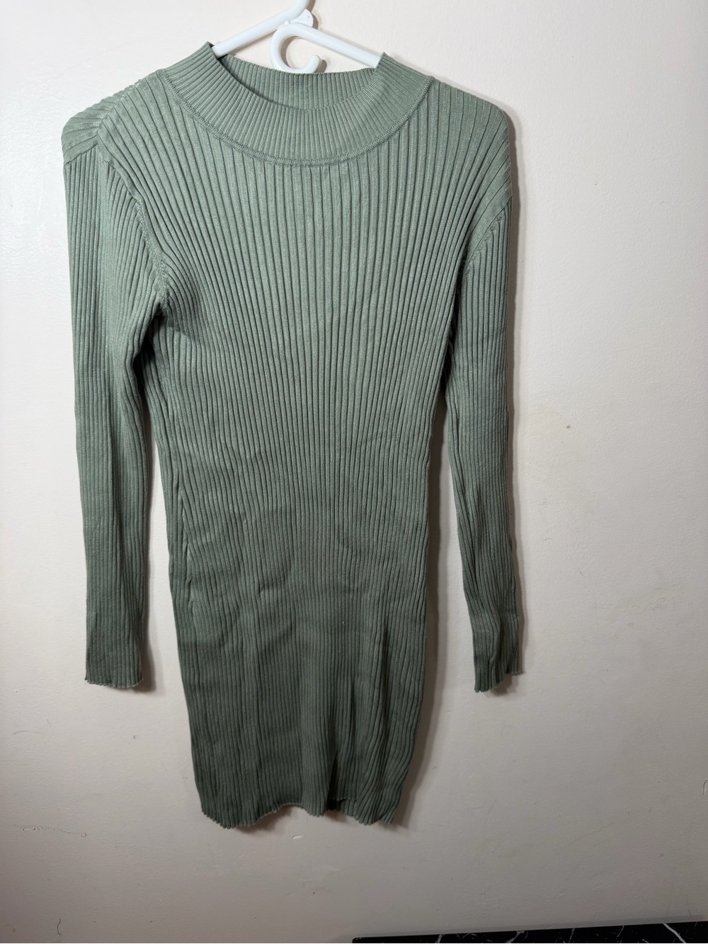 Fitted Ribbed Long-Sleeve Dress in Sage Green